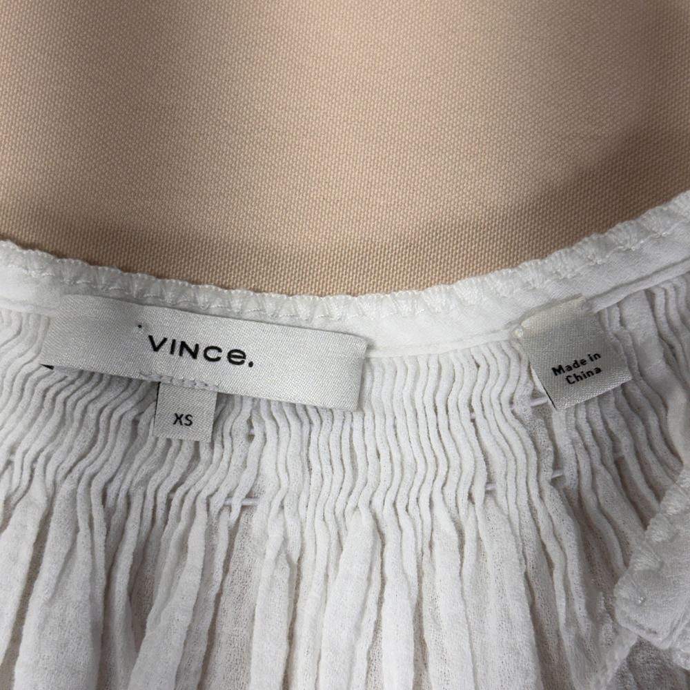 Vince White Cotton Gauze Peasant Blouse Tassel Tie V-Neck Smocked Top XS Boho - Picture 2 of 13